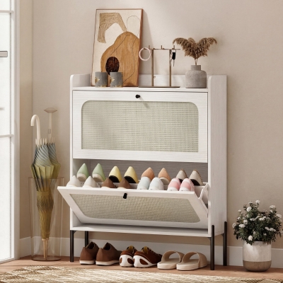 HOMCOM Shoe Cabinet with 2 Flip Drawers, Boho Narrow Shoe Storage Cabinet, White