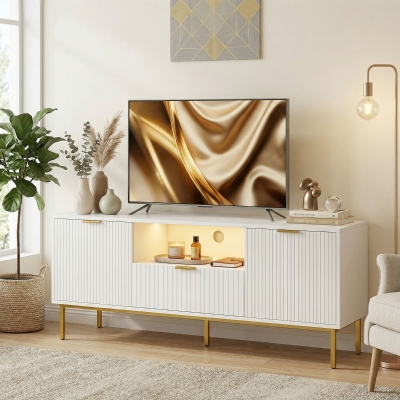 HOMCOM Modern TV Console for TVs up to 60 Inch, Entertainment Center with Smart RGB LED Lights and Soft Close Doors, White