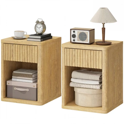 HOMCOM Nightstand with Drawer and Open Shelf, Modern Bedside Table Set of 2 for Bedroom Living Room, Oak