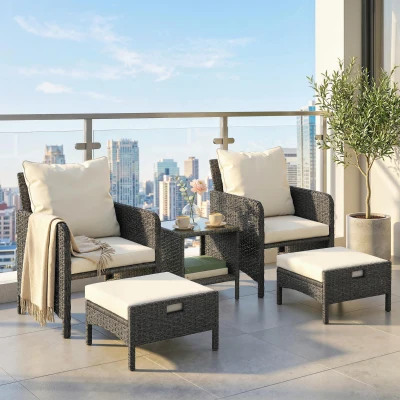 Outsunny 5 Piece Wicker Patio Furniture Set with Ottomans, Beige