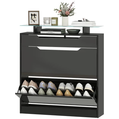 HOMCOM High Gloss Shoe Cabinet with 2 Flip Drawers and Adjustable Shelves, Narrow Shoe Storage Cabinet with Glass Top, Black