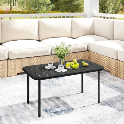 Outsunny Outdoor Coffee Table, All-Weather Rectangle Metal Patio Coffee Table with Slatted Tabletop for Outside