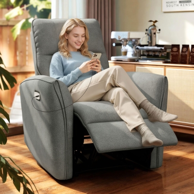 HOMCOM Power Recliner Chair, Fabric Upholstered Recliner Chair with USB Ports, Footrest, Grey