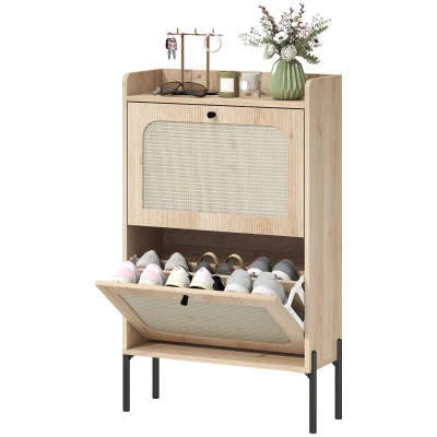 HOMCOM Shoe Cabinet with 2 Flip Drawers, Boho Narrow Shoe Storage Cabinet, Oak