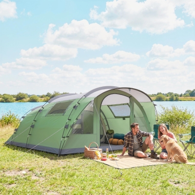 Outsunny Multi-Room Camping Tent for 2-4 Person, Easy Set up Large Family Tent with 4 Windows, Porch, Light Green