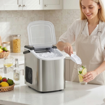 HOMCOM Portable Ice Maker Countertop, Self-Cleaning Ice Machine with 2 Bullet Ice Sizes, Ice Scoop, Silver