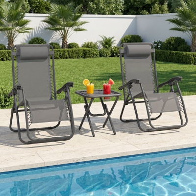 Outsunny Zero Gravity Chair Set of 2 Patio Chair with Side Table Cupholders and Pillows for Pool, Backyard, Lawn, Beach, Grey
