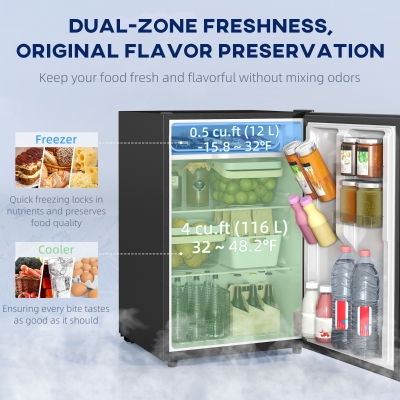 HOMCOM 4.5 Cu Ft Mini Fridge with Freezer, Wheels, Single Door Refrigerator, Adjustable Thermostat, Reversible Door, Black