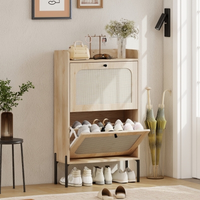 HOMCOM Shoe Cabinet with 2 Flip Drawers, Boho Narrow Shoe Storage Cabinet, Oak