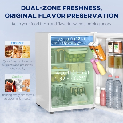 HOMCOM 4.5 Cu Ft Mini Fridge with Freezer, Wheels, Single Door Refrigerator, Adjustable Thermostat, Reversible Door, White