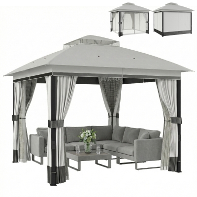 Outsunny 10' x 10' Patio Gazebo, UPF50+ Double Roof Outdoor Gazebo Canopy with Netting and Curtains, Steel Frame, Light Grey