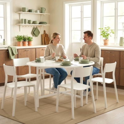 HOMCOM Folding Dining Table for 3-6 People, 47" Round Drop Leaf Kitchen Table with Steel Frame, White