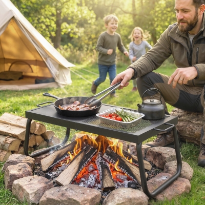 Outsunny Folding Campfire Grill, Heavy Duty Steel Mesh Grate, Portable Camping Grate with Carry Bag, Black