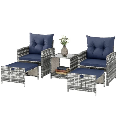 Outsunny 5 Piece Patio Furniture Set, Wicker Patio Chairs with Ottomans, 2-Tier Glass Coffee Table and Cushions, Grey/Dark Blue