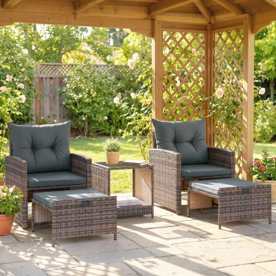 Outsunny 5 Piece Patio Furniture Set, Wicker Patio Chairs with Ottomans, 2-Tier Glass Coffee Table and Cushions, Brown/Dark Grey