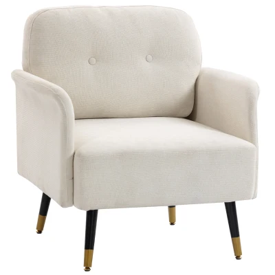 HOMCOM Accent Chair Modern Tufted with Metal Legs Upholstered Reading Armchair for Living Room Cream White