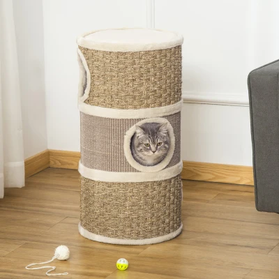 PawHut 28" Cat Condo, 3-Story Hideaway with Scratching Pad
