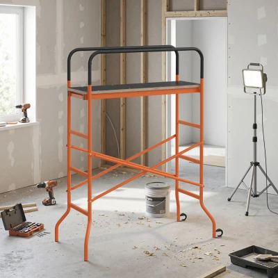 HOMCOM Rolling Scaffolding Work Platform with Wheels, Orange