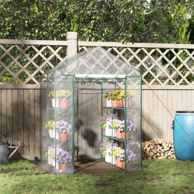 Outsunny 56" x 56" x 77" Walk-in Greenhouse, Portable Garden Flower Seed Warm House with 8 Shelves, Outdoor Plant Growth Hot House, PVC Cover, Transparent