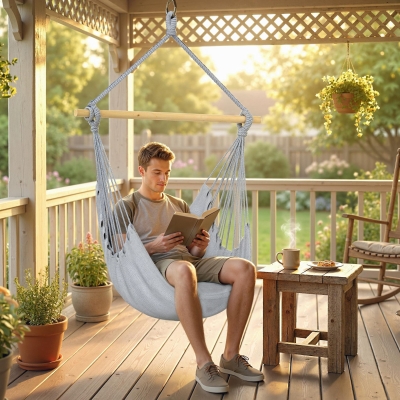 Outsunny Hammock Chair Swing Hanging Macrame Chair w/ Two Soft Seat Cushions, Grey