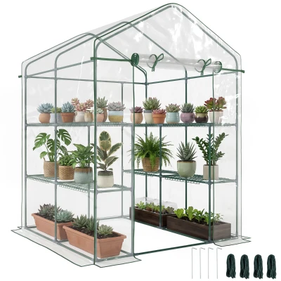 Outsunny 56" x 56" x 77" Walk-in Greenhouse, Portable Garden Flower Seed Warm House with 8 Shelves, Outdoor Plant Growth Hot House, PVC Cover, Transparent