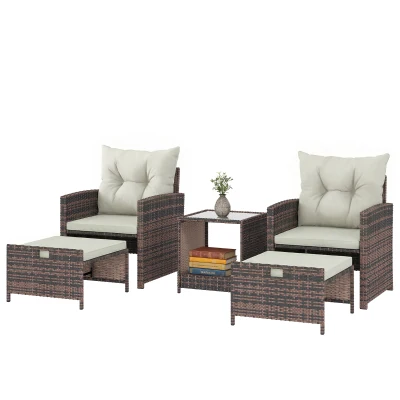 Outsunny 5 Piece Patio Furniture Set, Wicker Patio Chairs with Ottomans, 2-Tier Glass Coffee Table and Cushions, Brown/Cream