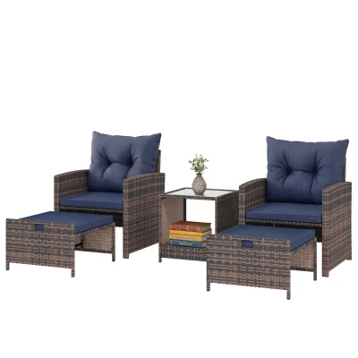 Outsunny 5 Piece Patio Furniture Set, Wicker Patio Chairs with Ottomans, 2-Tier Glass Coffee Table and Cushions, Brown/Dark Blue