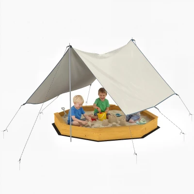 Qaba Wooden Kids Wooden Sandbox with Large Canopy, Outdoor Sand Box with 4 Bench Seats, Bottom Liner for Aged 3-8, Yellow