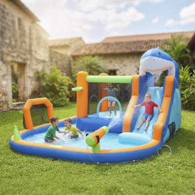 Qaba Inflatable Bounce House for Kids, Sharks Theme Jumping Bouncy Castle with Slide and Pool for Indoor Outdoor, Blue