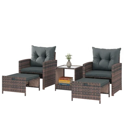 Outsunny 5 Piece Patio Furniture Set, Wicker Patio Chairs with Ottomans, 2-Tier Glass Coffee Table and Cushions, Brown/Dark Grey