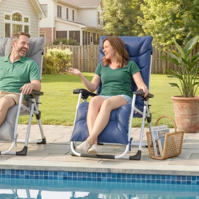 Outsunny Reclining Zero Gravity Chair with Adjustable Backrest, Folding Garden Sun Lounger, Outdoor Recliner with Removable Cushion and Headrest, Dark Blue