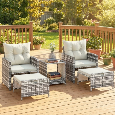 Outsunny 5 Piece Patio Furniture Set, Wicker Patio Chairs with Ottomans, 2-Tier Glass Coffee Table and Cushions, Grey/Cream White