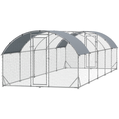PawHut Galvanized Large Metal Chicken Coop Cage Walk-in Enclosure Poultry Hen Run House Playpen Rabbit Hutch with Cover for Outdoor Backyard 9.2' × 31.2' × 6.4'Silver