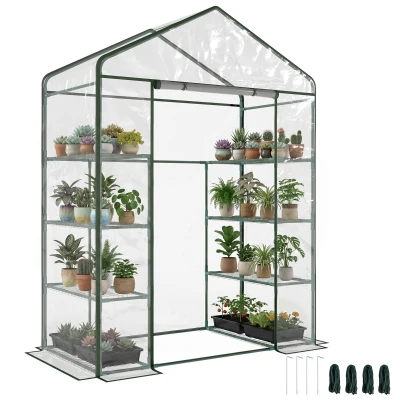 Outsunny 56" x 29" x 77" Portable Walk-in Greenhouse Garden Flower Plant Growing Warm House w/ 4 Tier Shelves and Roll Up Zippered Door, Transparent