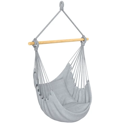 Outsunny Hammock Chair Swing Hanging Macrame Chair w/ Two Soft Seat Cushions, Grey