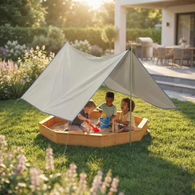 Qaba Wooden Sandbox with Canopy & Bench Seats, for 8 Kids, Yellow