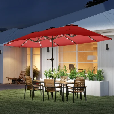 Outsunny 13ft Patio Umbrella with Solar Lights, Crank, Wine Red