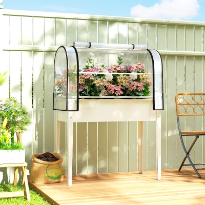 Outsunny Metal Raised Garden Bed with Flip-Up Greenhouse Cover, White