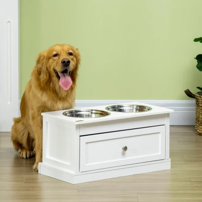 PawHut Large Elevated Dog Bowl Stand with Storage Drawer, White