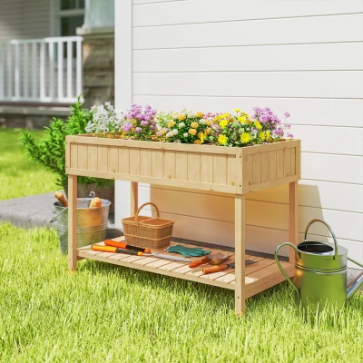 Outsunny 43" Raised Garden Bed, Wooden Planter Box with Shelf