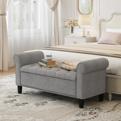 HOMCOM 50 Inches Storage Ottoman, Upholstered Bedroom Bench with Rolled Arms and Button Tufted Storage, Light Grey