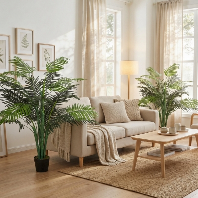 Outsunny 4FT Artificial Palm Tree Set of 2, Fake Tropical Tree with Lifelike Leaves, Faux Plant in Pot for Indoor Decoration, Green