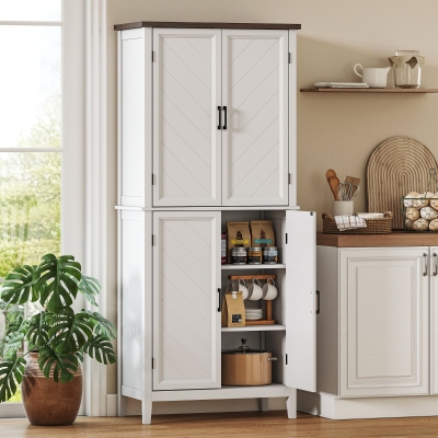 HOMCOM 70" Tall Kitchen Storage Cabinet Modern Farmhouse Pantry Cabinet with 4 Chevron Doors and 4 Adjustable Shelves, White