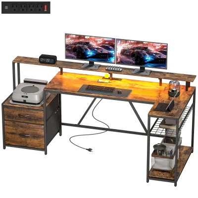 HOMCOM 76" Gaming Desk, Computer Table with RGB Lights, USB Ports, Monitor Stand and 2 Fabric Drawers, Rustic Brown