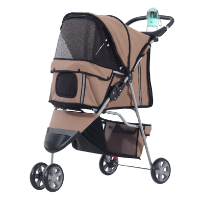 PawHut Cat Stroller, 3 Wheels Foldable Dog Stroller with Storage Basket, Brake, Adjustable Canopy, Cupholders, Pet Stroller for Miniature and Small Dogs Travel, Coffee