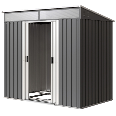 Outsunny 6.5x4FT Galvanised Metal Shed with Foundation Kit, Lockable Garden Tool Storage House with Sliding Doors, Vents, Grey