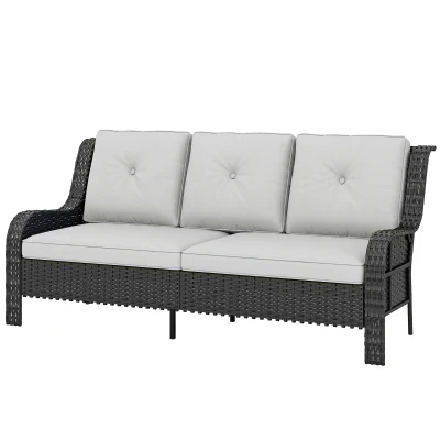 Outsunny Wicker Patio Sofa with Cushions, 3 Seater Rattan Outdoor Couch for Patio, Garden, Porch, Backyard, Light Grey
