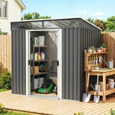 Outsunny 6.5x4FT Galvanised Metal Shed with Foundation Kit, Lockable Garden Tool Storage House with Sliding Doors, Vents, Grey