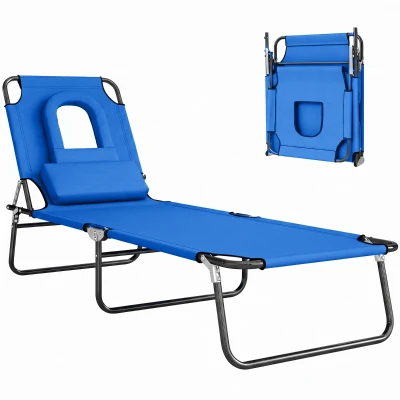 Outsunny Folding Chaise Lounge Chair, Reclining Beach Tanning Chair with Face Hole, Pillow, 4-Position Adjustable Lay Flat Sun Lounger, Steel Frame for Outdoor Patio Pool, Blue