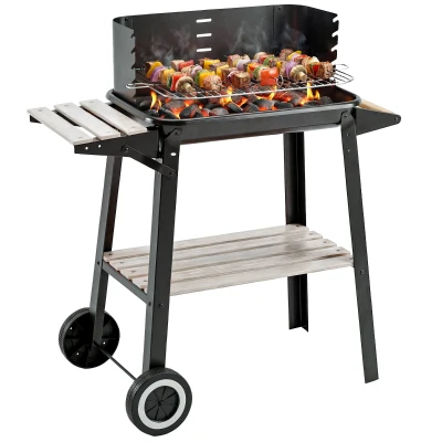 Outsunny Trolley Charcoal BBQ Barbecue Grill Outdoor Patio Garden Heating Smoker with Side Trays Storage Shelf and Wheels